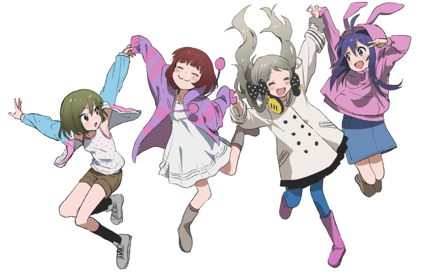 4girls :3 ^_^ ^o^ closed_eyes folded_leg handa_roko highres holding_hands idolmaster idolmaster_million_live! idolmaster_million_live!_theater_days interlocked_fingers itohari_(mamiiori1) jumping looking_at_another mochizuki_anna multiple_girls nagayoshi_subaru nonohara_akane outstretched_arms simple_background v white_background