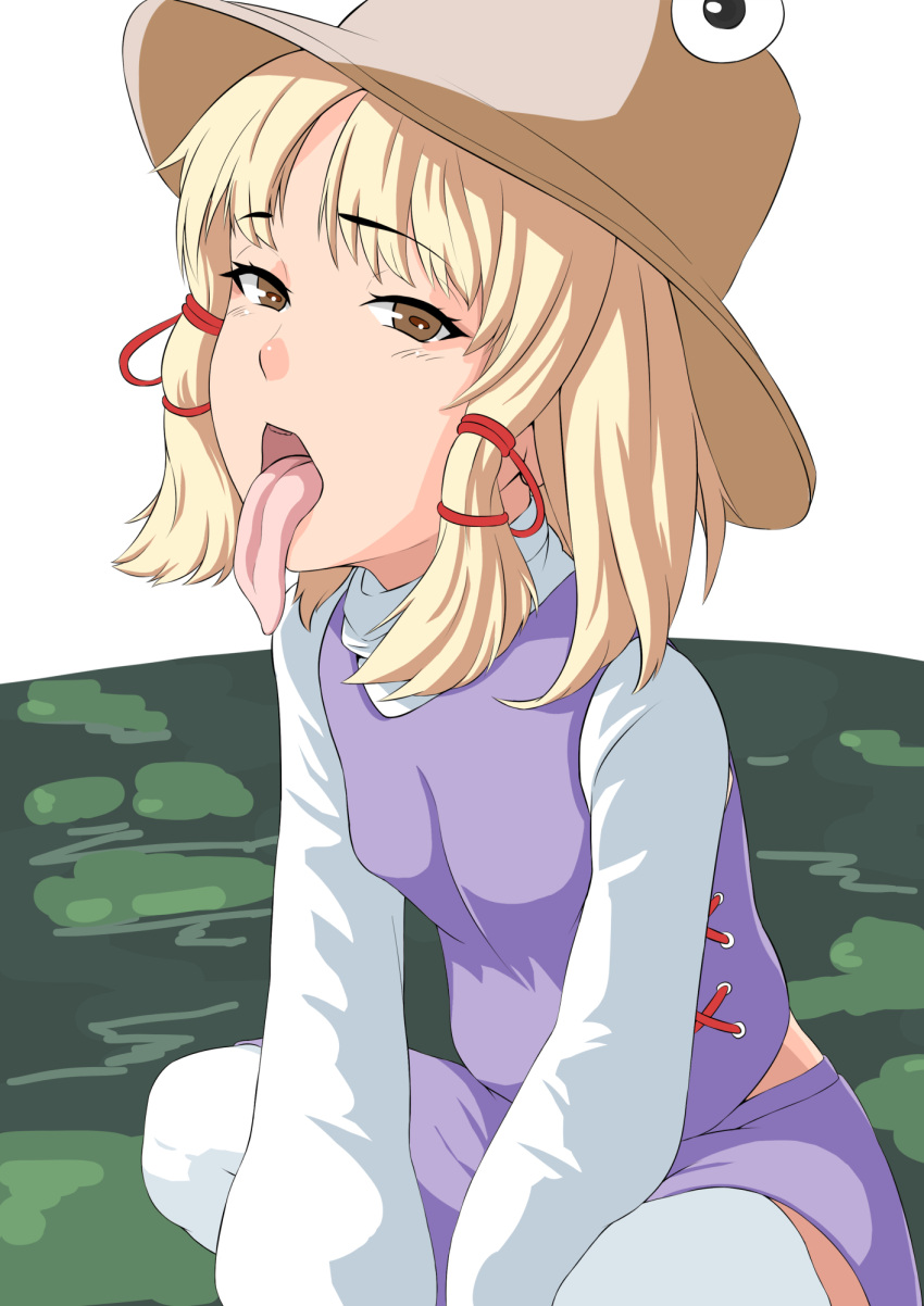 1girl bangs blonde_hair breasts brown_headwear bunsuirei eyebrows_visible_through_hair hat highres horizontal_pupils indian_style long_sleeves looking_at_viewer medium_hair midriff_peek moriya_suwako open_mouth oral_invitation purple_skirt purple_vest simple_background sitting skirt small_breasts solo thighhighs tongue tongue_out touhou turtleneck vest white_background white_legwear yellow_eyes