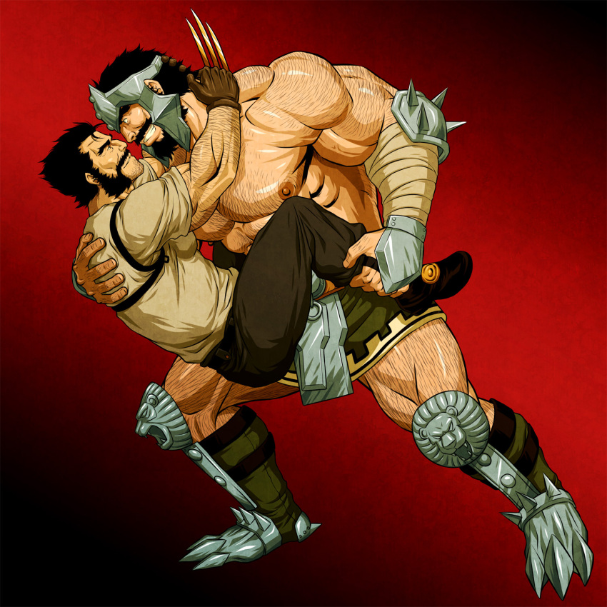 2boys arm_hair armor arms_around_neck bara bare_pectorals black_hair carrying_person chest_hair couple eye_contact full_body greaves grin hairy hercules_(marvel) highres imminent_penetration large_pectorals leg_hair loincloth looking_at_another male_focus marvel mature_male multiple_boys muscular muscular_male mutton_chops nipples old old_man pectorals short_hair size_difference smile spread_legs thick_thighs thighs vambraces wolverine wrinkled_skin x-men yaoi zelo-lee