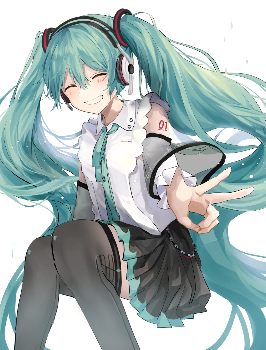 1girl absurdres aqua_eyes aqua_hair aqua_neckwear bad_hands bare_shoulders black_legwear black_skirt cc_rock closed_eyes commentary detached_sleeves facing_viewer feet_out_of_frame foreshortening hair_ornament hatsune_miku hatsune_miku_(nt) headphones highres layered_sleeves long_hair miniskirt neck_ribbon outstretched_arm piapro pleated_skirt ribbon see-through_sleeves shirt shoulder_tattoo sitting skirt sleeveless sleeveless_shirt smile solo tattoo thighhighs twintails v very_long_hair vocaloid white_shirt white_sleeves