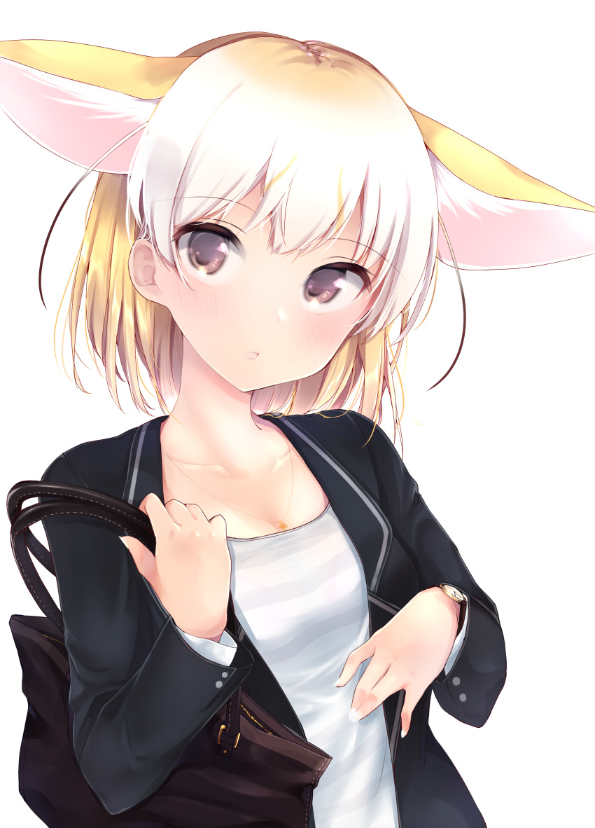 1girl absurdres animal_ear_fluff animal_ears bag bangs black_jacket blazer blonde_hair bob_cut brown_eyes carrying casual closed_mouth commentary eyebrows_visible_through_hair fennec_(kemono_friends) fox_ears handbag highres jacket jewelry kemono_friends kinou_no_shika long_sleeves looking_at_viewer nail_polish necklace shirt short_hair simple_background solo striped striped_shirt tilted_headwear upper_body watch white_background white_nails white_shirt wristwatch