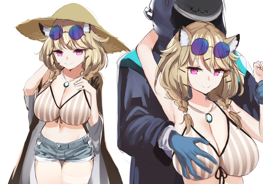 1girl 1other animal_ear_fluff animal_ears arknights artist_name bikini bikini_top black_coat blonde_hair blue_gloves blue_shorts breast_grab breasts brown_coat closed_mouth coat cowboy_shot denim denim_shorts doctor_(arknights) english_commentary eyewear_on_head fang gloves grabbing grabbing_from_behind hair_ornament hairclip hat highres holding_another's_arm hooded_coat huge_breasts jewelry looking_at_viewer navel necklace official_alternate_costume open_clothes open_coat purple_eyes short_hair shorts simple_background skin_fang smile solo straw_hat striped striped_bikini sunglasses swimsuit utage_(arknights) utage_(summer_flowers)_(arknights) vertical-striped_bikini vertical_stripes white_background xooku