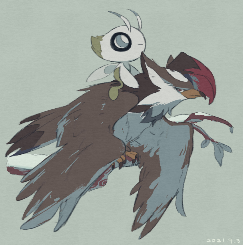 brown_eyes celebi closed_mouth commentary_request gen_2_pokemon gen_4_pokemon grey_eyes highres leaf leels looking_up mythical_pokemon no_humans pokemon pokemon_(creature) riding riding_pokemon sitting smile staraptor