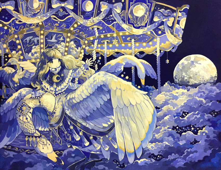 1girl above_clouds acrylic_paint_(medium) animal arm_up bangs bird blue_capelet blue_sky blush brown_eyes brown_hair capelet carousel closed_eyes clothed_animal cloud commentary_request constellation_print crescent flying frilled_capelet frilled_sleeves frills full_moon highres jewelry long_hair long_sleeves moon night open_mouth original outdoors painting_(medium) ribbon riding sidelocks sky solo star_(sky) star_(symbol) susutouka swan swept_bangs tassel traditional_media white_ribbon