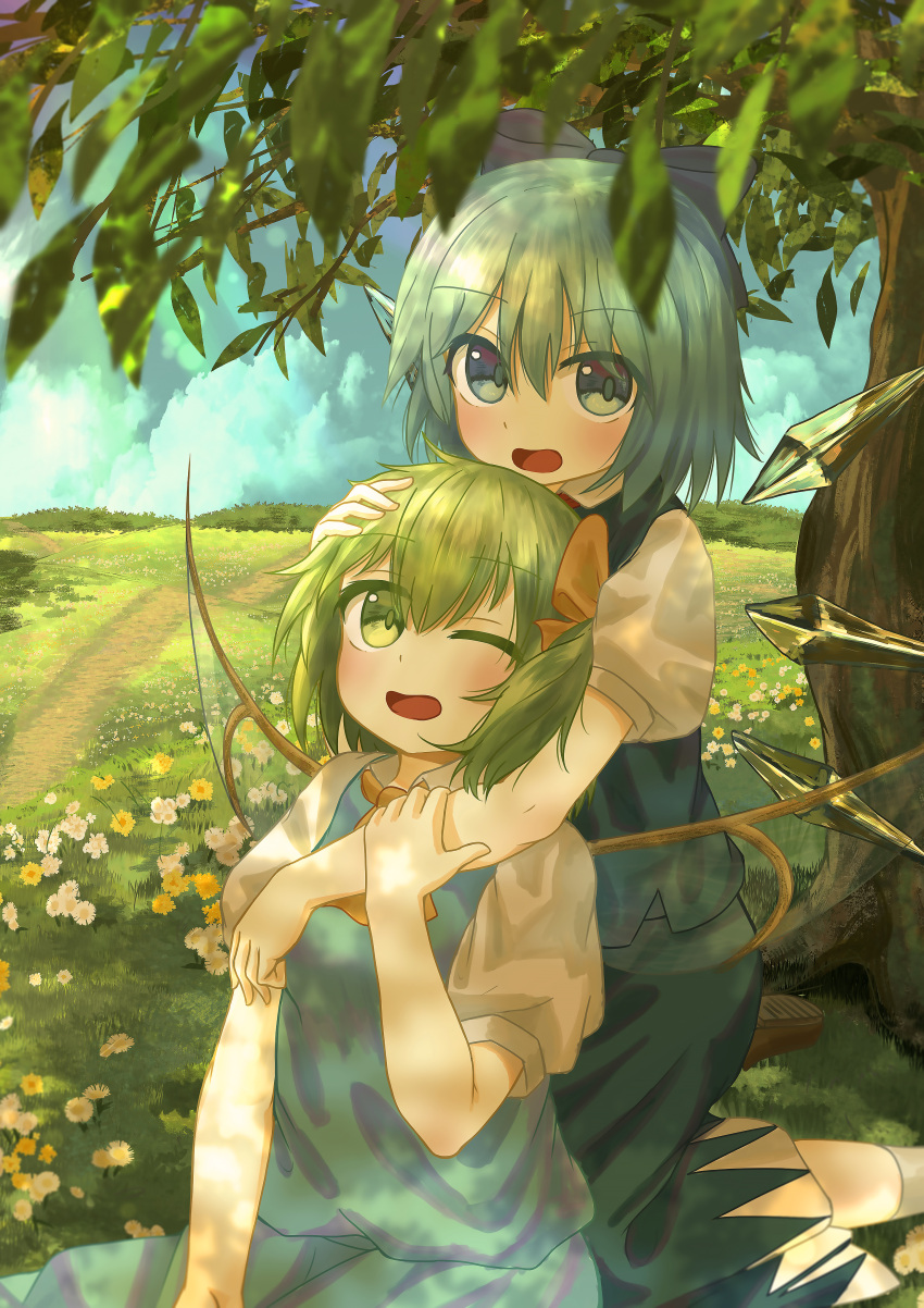 2girls absurdres ascot blue_dress blue_eyes blue_hair blue_ribbon blush branch cirno daiyousei dress ekaapetto eyebrows_visible_through_hair flower green_eyes green_hair hair_between_eyes hair_ribbon hand_on_another's_head highres hug hug_from_behind ice ice_wings leaf looking_at_viewer multiple_girls one_eye_closed open_mouth path pinafore_dress puffy_short_sleeves puffy_sleeves ribbon short_hair short_sleeves socks touhou tree tree_shade wings yellow_neckwear