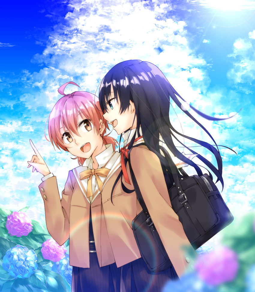 ahoge bag black_hair cloud flower highres hydrangea koito_yuu nanami_touko orange_hair rainbow school_uniform sky sunlight upper_body yagate_kimi_ni_naru