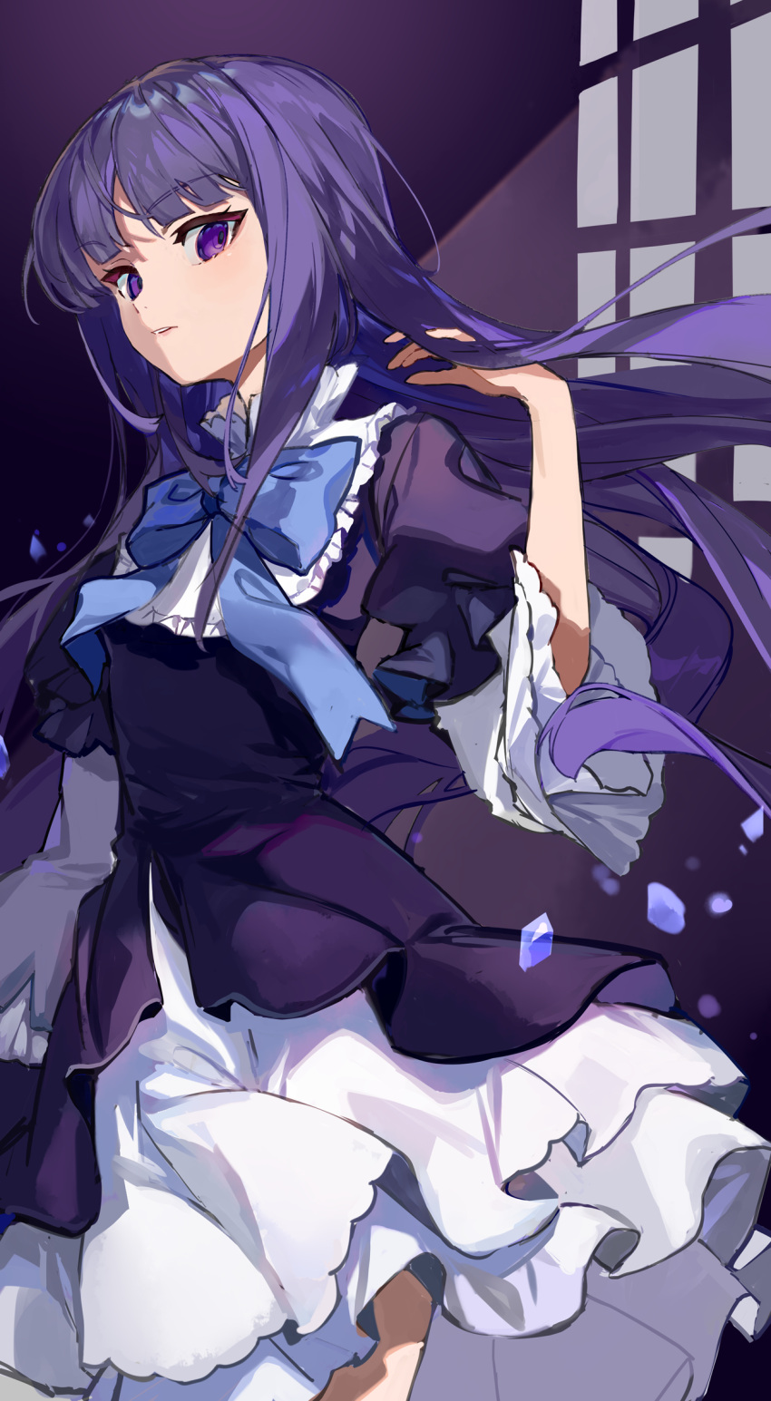 1girl bangs black_dress blue_bow blue_eyes blue_neckwear bow crystal dress frederica_bernkastel hair_flip highres juliet_sleeves karasu_btk lolita_fashion long_hair long_sleeves looking_at_viewer necktie open_mouth puffy_sleeves purple_eyes serious simple_background sleeves_past_wrists solo standing umineko_no_naku_koro_ni white_sleeves window witch