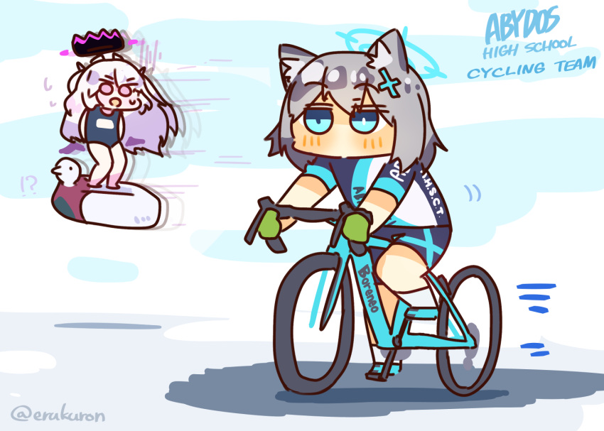 !? 2girls animal_ear_fluff animal_ears bangs bicycle bike_jersey bike_shorts blue_archive blue_eyes blush chibi closed_mouth commentary_request cross_hair_ornament demon_horns english_text flying full_body grey_hair ground_vehicle hair_ornament halo hina_(blue_archive) horns inflatable_toy lcron long_hair looking_ahead looking_at_another medium_hair motion_lines multiple_girls open_mouth purple_eyes riding_bicycle school_swimsuit shadow shiroko_(blue_archive) standing swimsuit twitter_username white_footwear