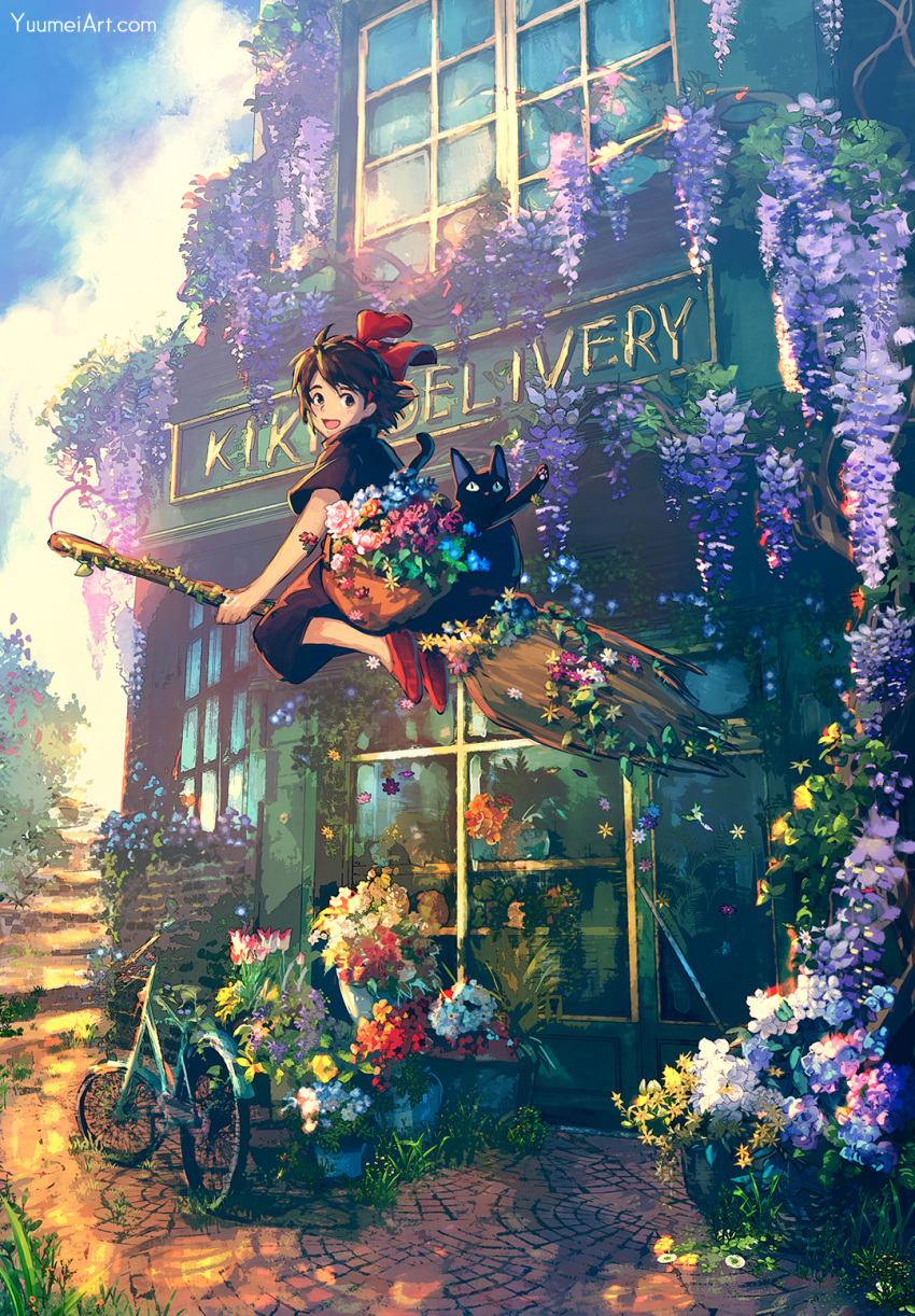 1girl basket bicycle black_cat black_dress black_eyes black_hair blue_sky brick_road broom broom_riding cat cloud commentary dress english_commentary flower flower_shop ground_vehicle highres jiji_(majo_no_takkyuubin) kiki majo_no_takkyuubin open_mouth purple_flower red_flower red_footwear red_ribbon ribbon shop sky smile watermark web_address white_flower witch yellow_flower yuumei