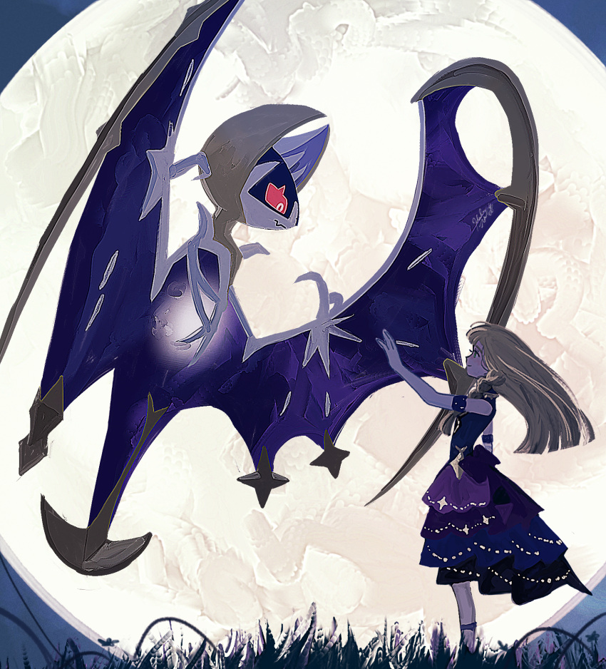 1girl bare_shoulders blonde_hair closed_mouth commentary_request dress elbow_gloves eye_contact eyelashes floating_hair from_side gen_7_pokemon gloves grass hand_up highres ivelovedsekaowa legendary_pokemon lillie_(pokemon) looking_at_another lunala moon official_alternate_costume pokemon pokemon_(creature) pokemon_(game) pokemon_masters_ex purple_dress signature smile standing white_gloves