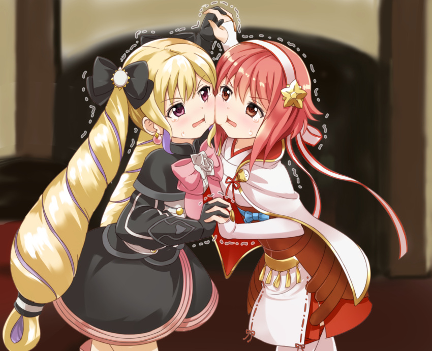 2girls blonde_hair bow cape cheek-to-cheek dress elise_(fire_emblem) fire_emblem fire_emblem_fates gloves hair_bow hair_ribbon hairband heads_together japanese_clothes long_hair multiple_girls nichika_(nitikapo) open_mouth purple_eyes purple_hair red_eyes red_hair ribbon sakura_(fire_emblem) short_hair sweat tearing_up thighhighs trembling twintails