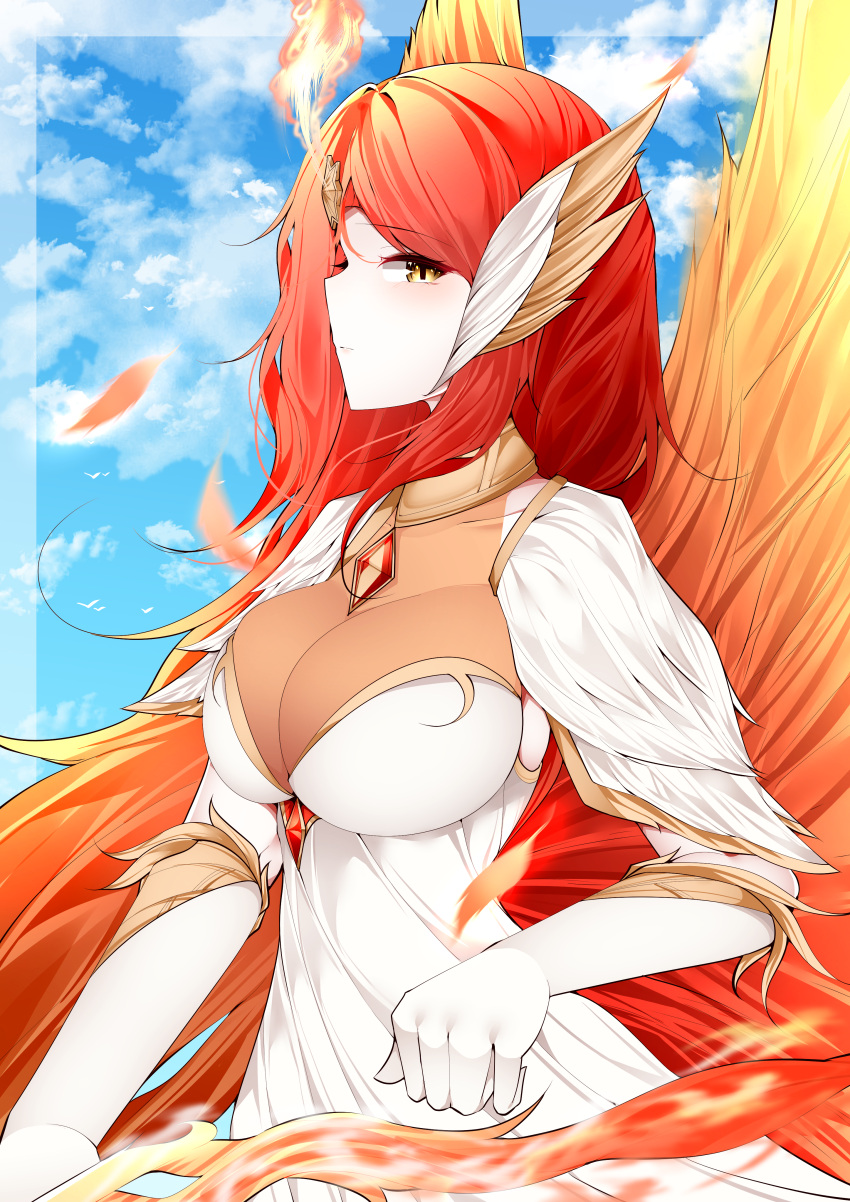 1girl absurdres afk_arena bangs breasts choker cloud crystal dress eyebrows_visible_through_hair feathered_wings feathers gem gloves hair_ornament head_wings highres large_breasts long_hair looking_at_viewer multicolored_hair orange_hair pale_skin parted_bangs red_hair samip see-through sky solo talene_(afk_arena) two-tone_hair upper_body white_dress white_gloves wings yellow_eyes