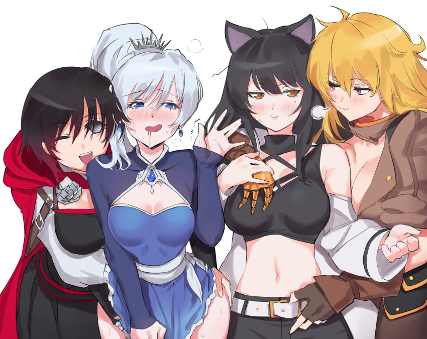 4girls :3 animal_ears belt black_hair blake_belladonna blonde_hair blush breast_grab breasts cat_ears cleavage commentary_request dress dress_tug grabbing groping highres implied_fingering looking_at_another multicolored_hair multiple_girls negresco prosthesis prosthetic_arm red_hair revision ruby_rose rwby silver_hair simple_background smile tiara two-tone_hair undressing weiss_schnee yang_xiao_long yuri