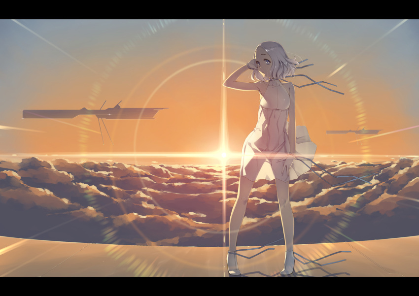 airship clouds dress gahaku gloves gray_eyes original short_hair sky sunset white_hair