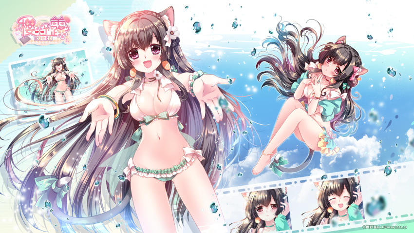 animal_ears barefoot bikini blush braids brown_hair bubbles byruu logo long_hair navel original purple_eyes swimsuit tail underwater water