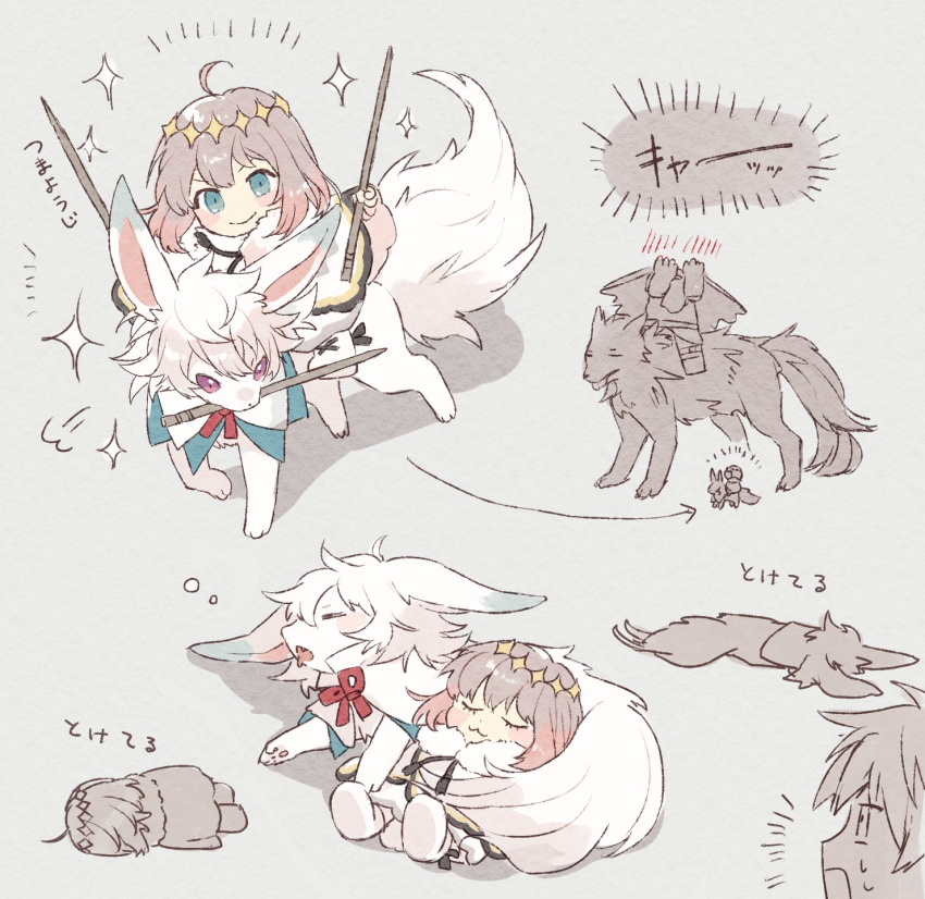 2boys =3 ahoge bangs blush blush_stickers boots chibi cloak closed_eyes closed_mouth crown dual_wielding fate/grand_order fate_(series) fou_(fate) full_body fur-trimmed_cloak fur_trim grey_background grey_hair hessian_(fate) highres holding holding_weapon lying multiple_boys oberon_(fate) riding simple_background sleeping smile sparkle syerii weapon