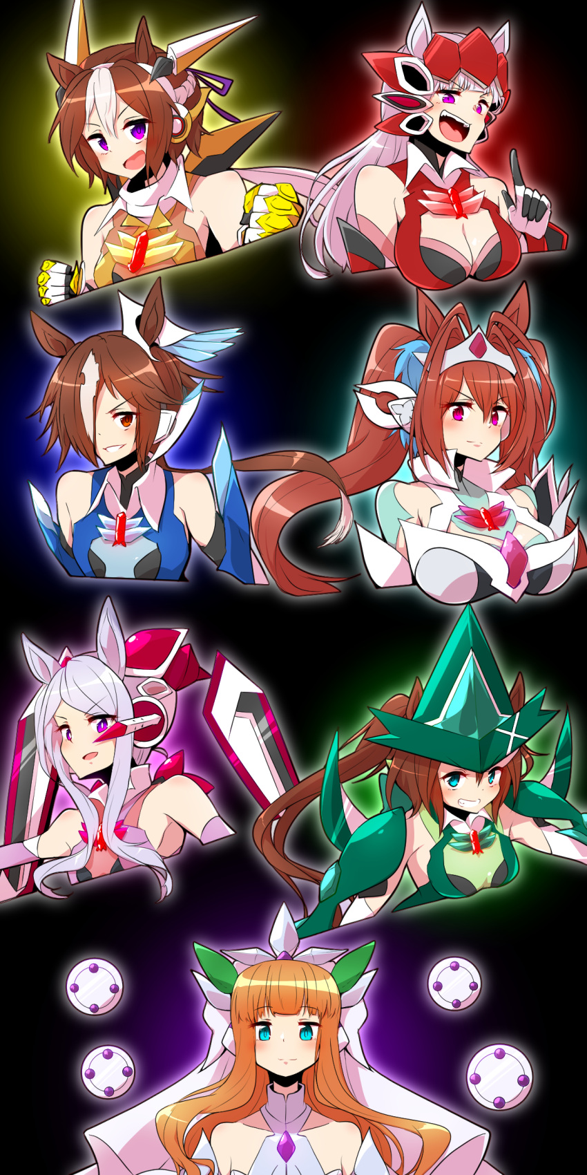 6+girls absurdres akatsuki_kirika akatsuki_kirika_(cosplay) alternate_costume animal_ears annotated aura bangs bare_shoulders black_background blue_eyes blunt_bangs braid breasts brown_eyes brown_hair cleavage clenched_hands cosplay daiwa_scarlet_(umamusume) eyebrows_visible_through_hair french_braid gauntlets gold_ship_(umamusume) hair_between_eyes hair_intakes hair_over_one_eye headgear high_ponytail highres horse_ears horse_girl index_fingers_raised kazanari_tsubasa kazanari_tsubasa_(cosplay) kohinata_miku kohinata_miku_(cosplay) light_purple_hair long_hair maria_cadenzavna_eve maria_cadenzavna_eve_(cosplay) mejiro_mcqueen_(umamusume) multicolored_hair multiple_girls orange_hair purple_eyes senki_zesshou_symphogear sidelocks silence_suzuka_(umamusume) special_week_(umamusume) tachibana_hibiki_(symphogear) tachibana_hibiki_(symphogear)_(cosplay) tiara tokai_teio_(umamusume) tsukuyomi_shirabe tsukuyomi_shirabe_(cosplay) twintails two-tone_hair umamusume vodka_(umamusume) white_hair yonedatomo_mizu yukine_chris yukine_chris_(cosplay)