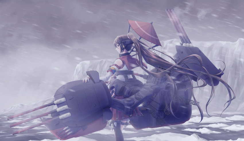 1girl absurdres blizzard brown_eyes brown_hair cannon cherry_blossoms detached_sleeves flower hair_flower hair_ornament headgear highres hip_vent huge_filesize junk_life kantai_collection long_hair miniskirt oil-paper_umbrella outdoors pleated_skirt ponytail red_skirt red_umbrella rigging shell single_thighhigh skirt smokestack solo thigh_strap thighhighs turret umbrella very_long_hair yamato_(kancolle) z_flag