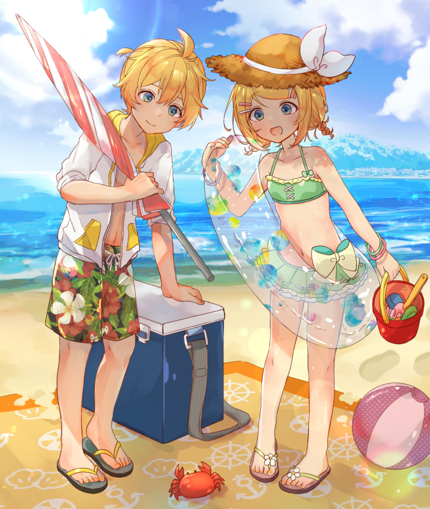 1boy 1girl anchor_print animal_print ball bangs beach beachball bikini blanket blonde_hair blue_eyes bow braid bucket cloud commentary cooler crab day fish_print floral_print footprints full_body green_bikini hair_ornament hairclip hat hat_bow highres hood hooded_jacket innertube island jacket kagamine_len kagamine_rin lens_flare navel ocean open_mouth outdoors parasol sazanami_(ripple1996) see-through short_hair shorts smile standing straw_hat summer sun_hat swept_bangs swimsuit symbol-only_commentary umbrella vocaloid wheel_print white_bow white_jacket