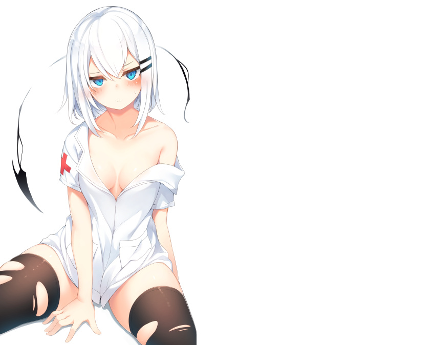 aqua_eyes blush breasts cleavage no_bra nurse original otokuyou ringo-chan_(otokuyou) short_hair thighhighs torn_clothes uniform white white_hair zettai_ryouiki