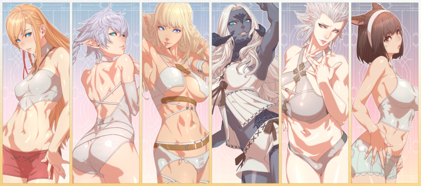 6+girls alisaie_leveilleur animal_ears arm_up armpits arms_behind_head arms_up ass au_ra babydoll back bangs bare_arms bare_shoulders black_horns blonde_hair blue_eyes boyshort_panties bra breasts brown_eyes brown_hair camisole cat_ears colored_skin covered_nipples cowboy_shot dragon_girl dragon_horns elezen elf facial_mark final_fantasy final_fantasy_xiv grey_eyes grey_hair grey_skin grin hairband hand_on_hip hands_on_hips highres horns huge_breasts hyur lips long_hair lyse_hext medium_breasts medium_hair merlwyb_bloefhiswyn miqo'te multiple_girls navel official_alternate_costume pale_skin panties parted_lips pointy_ears ringed_eyes roegadyn ryne sadu_dotharl scales shiny shiny_skin short_hair small_breasts smile stomach tomoyuki_kotani toned underboob underwear underwear_only very_long_hair white_hair