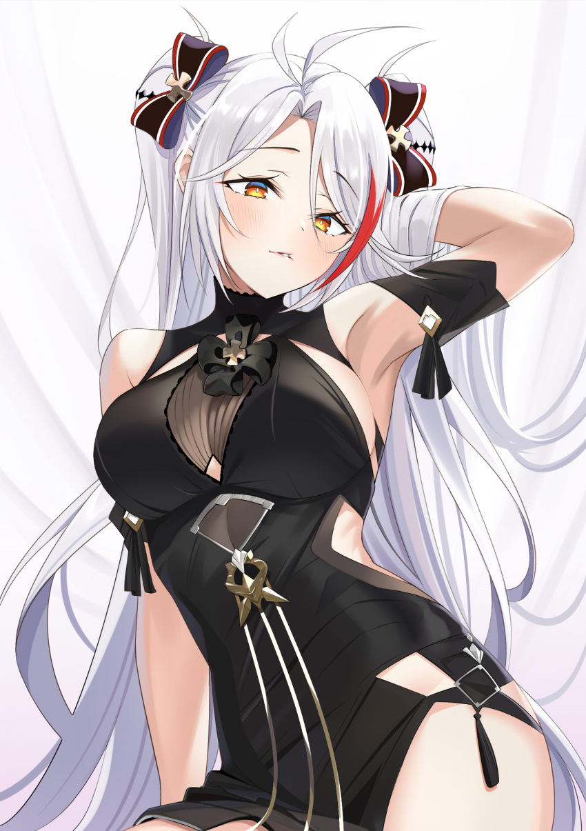 1girl antenna_hair arm_behind_head arm_up armpits azur_lane black_dress black_ribbon breasts dress eyebrows_visible_through_hair hair_ribbon highres iron_cross large_breasts long_hair looking_at_viewer multicolored_hair orange_eyes prinz_eugen_(azur_lane) prinz_eugen_(cordial_cornflower)_(azur_lane) ribbon silver_hair sleeveless sleeveless_dress solo streaked_hair two_side_up xiaoxiao_de_kuangsan