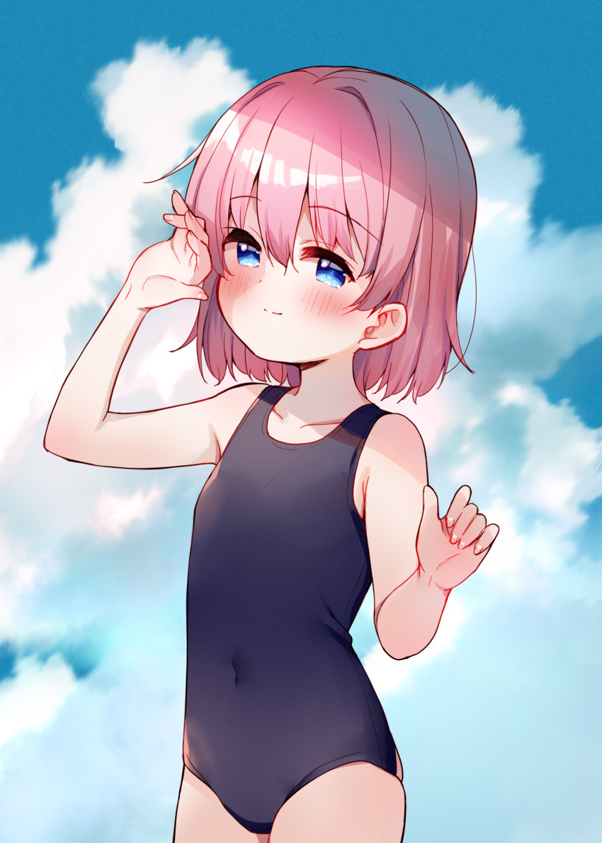 1girl bangs bare_arms bare_shoulders black_swimsuit blue_eyes blue_sky blush closed_mouth cloud cloudy_sky collarbone commentary_request covered_navel day eyebrows_visible_through_hair hair_between_eyes hand_up highres looking_at_viewer meito_(maze) one-piece_swimsuit original outdoors pink_hair school_swimsuit sky smile solo swimsuit