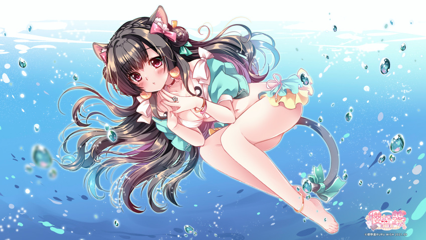 animal_ears barefoot bikini blush braids brown_hair bubbles byruu logo long_hair navel original purple_eyes swimsuit tail underwater water