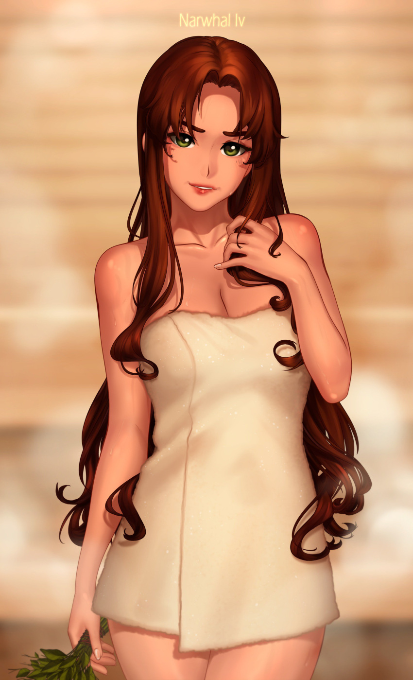 1girl absurdres artist_name bangs bare_shoulders blurry blurry_background blush breasts brown_hair cleavage collarbone commentary everlasting_summer fingernails green_eyes highres holding lips long_hair looking_at_viewer mod-chan naked_towel narwhal_iv parted_bangs parted_lips playing_with_own_hair smile solo standing towel wavy_hair