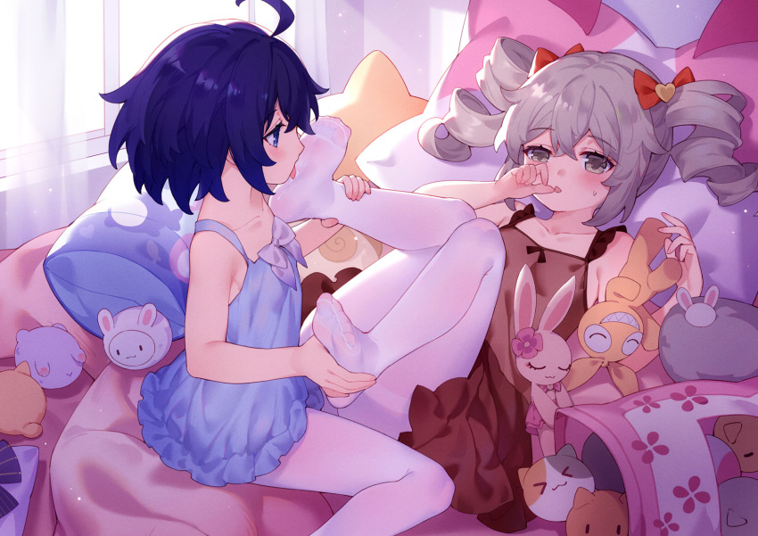 2girls ahoge bangs benghuai_xueyuan blue_dress blue_eyes blue_hair bow breasts bronya_zaychik brown_dress collarbone commentary_request crossed_bangs curtains dress drill_hair eyebrows_visible_through_hair feet grey_eyes hair_between_eyes hair_bow hand_to_own_mouth highres holding_another's_foot homei_(honkai_impact) homu_(honkai_impact) honkai_(series) honkai_impact_3rd indoors legs_up licking licking_foot looking_at_another lying multiple_girls no_shoes on_back on_bed pantyhose pillow red_bow seele_vollerei short_hair sidelocks simple_background sitting sleeveless sleeveless_dress small_breasts soles sweatdrop tongue tongue_out tsubasa_tsubasa twin_drills white_legwear window yuri