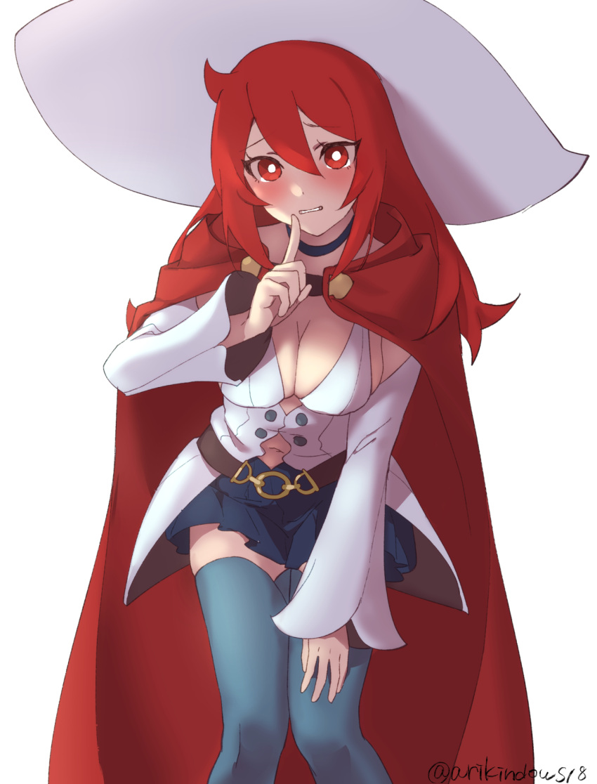 1girl arikindows10 artist_name blush breasts bright_pupils buttons cape cleavage clothing_cutout detached_sleeves dress embarrassed finger_to_mouth hair_between_eyes hat highres leaning_forward little_witch_academia long_hair navel navel_cutout pleated_skirt red_cape red_eyes red_hair shiny_chariot shushing simple_background skirt solo thighhighs twitter_username uniform white_background white_headwear white_pupils wide_sleeves witch witch_hat