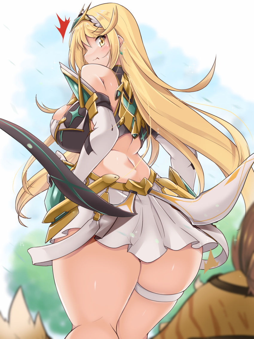 bangs bare_legs bare_shoulders blonde_hair breasts cleavage cleavage_cutout clothing_cutout dress earrings elbow_gloves gloves highres jewelry kurokaze_no_sora large_breasts long_hair mythra_(xenoblade) short_dress swept_bangs thigh_strap tiara tora_(xenoblade_2) very_long_hair white_dress white_gloves xenoblade_chronicles_(series) xenoblade_chronicles_2 yellow_eyes