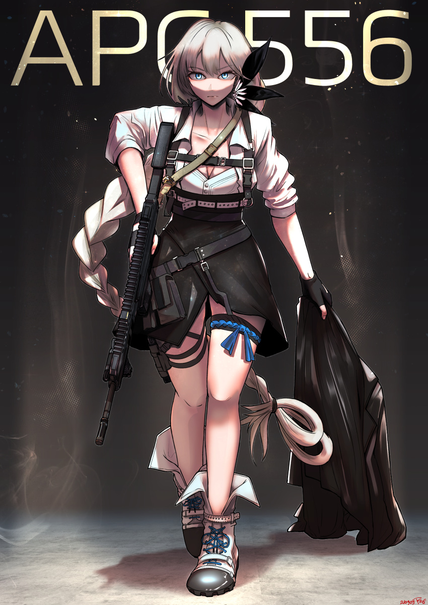 1girl absurdres apc556_(girls'_frontline) assault_rifle black_gloves black_skirt blue_eyes braid breasts fingerless_gloves full_body girls'_frontline gloves gun highres holding holding_gun holding_weapon long_braid long_hair medium_breasts radish_p rifle shirt single_braid skirt solo standing very_long_hair weapon white_hair white_shirt