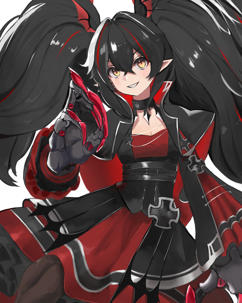 1girl absurdres azur_lane bangs bat_hair_ornament bat_wings black_capelet black_dress black_hair breasts capelet claws cleavage crossed_bangs dress hair_ornament head_wings highres iron_cross kesseil layered_dress long_hair looking_at_viewer mechanical_arms multicolored_hair pointy_ears red_dress red_hair simple_background small_breasts smile solo streaked_hair white_background white_hair wings yellow_eyes z24_(azur_lane)