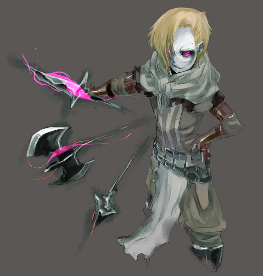 1boy asymmetrical_hair bangs belt black_sclera blonde_hair brown_pants brown_shirt capelet colored_sclera colored_skin commentary_request cowboy_shot cropped_legs doppelganger_(ragnarok_online) floating floating_object floating_weapon gyuu-kun hair_over_one_eye hand_on_hip highres male_focus open_mouth pants pink_eyes ragnarok_online shirt short_hair simple_background solo swordsman_(ragnarok_online) white_capelet white_skin