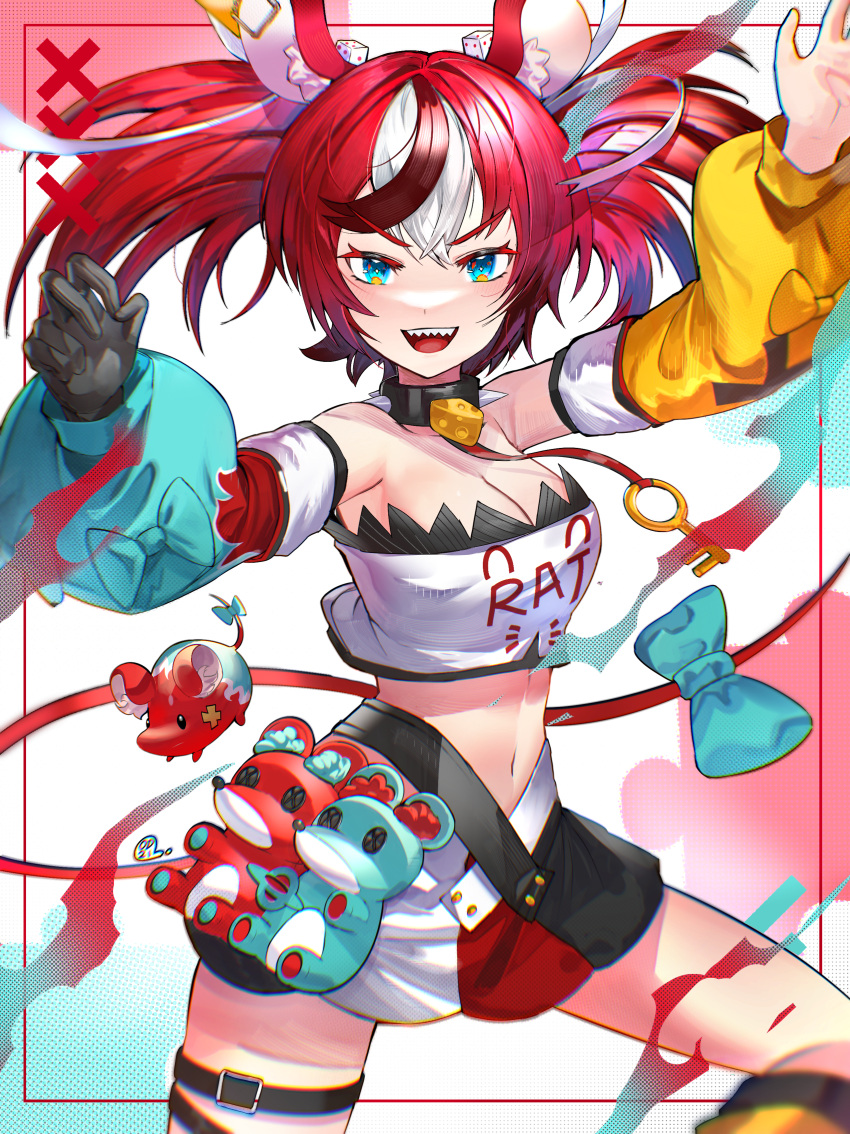 1girl absurdres animal_ears bow cheese collar detached_sleeves dice_hair_ornament food hair_ornament hakos_baelz highres holocouncil hololive hololive_english huge_filesize mouse mouse_ears mouse_girl mouse_tail mousetrap mr._squeaks_(hakos_baelz) odyssey_21 spiked_collar spikes strapless tail tail_bow tail_ornament tubetop virtual_youtuber