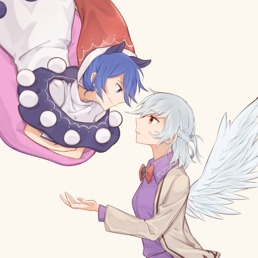 2girls absurdres angel_wings animal_ears beige_jacket blue_hair book bow bowtie braid crossed_arms doremy_sweet dream_soul dress eyebrows_visible_through_hair french_braid hair_between_eyes hat highres idaku kishin_sagume long_sleeves looking_at_another multiple_girls open_mouth pom_pom_(clothes) purple_dress red_neckwear short_hair short_sleeves silver_hair single_wing smile tapir_ears touhou wings