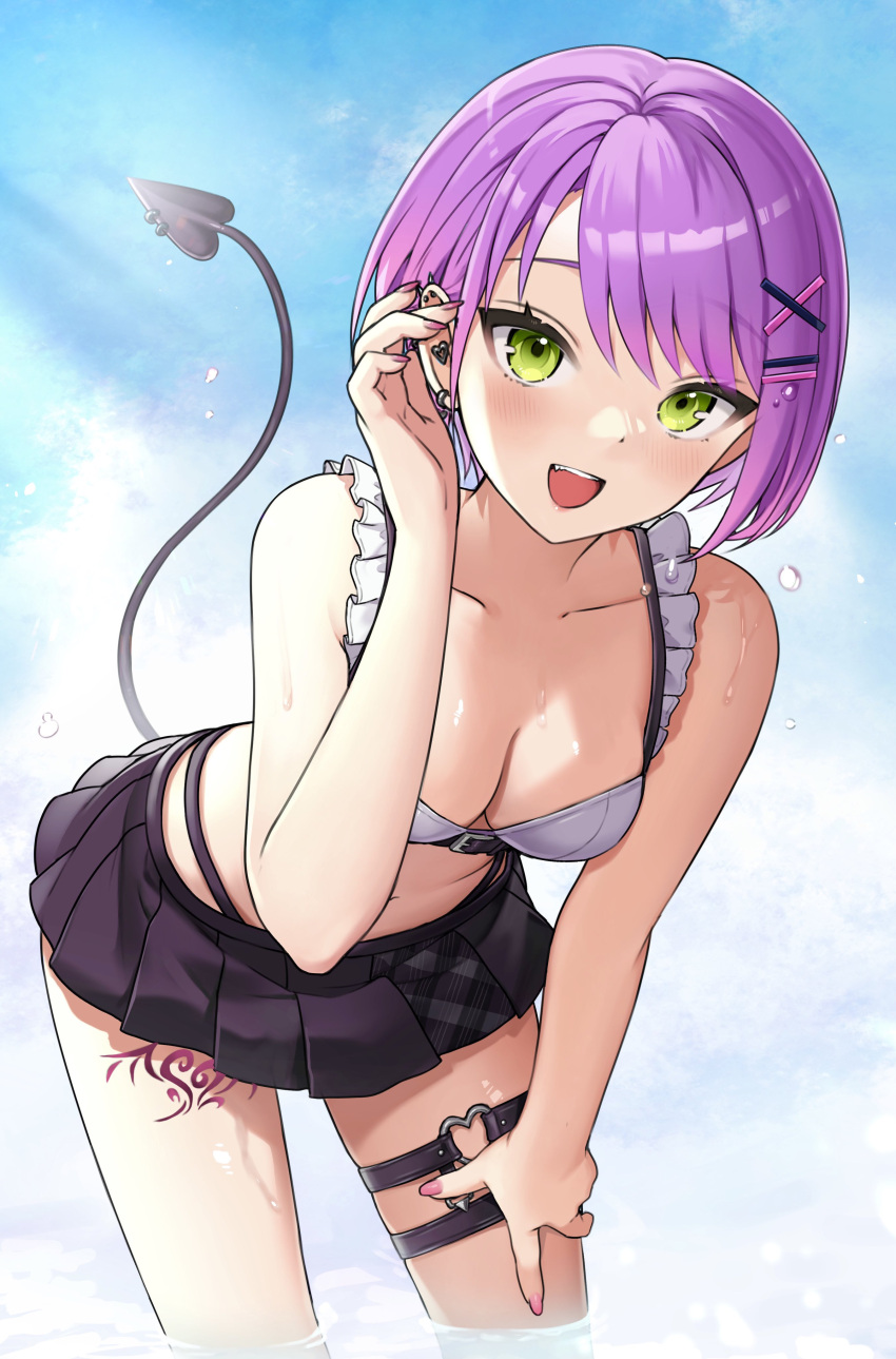 absurdres bent_over breasts cleavage crop_top demon_girl demon_tail green_eyes highres hololive leaning_forward leg_tattoo looking_at_viewer miniskirt navel open_mouth purple_hair short_hair skirt small_breasts tail tank_top tate_yukimi tattoo thigh_strap thighs tokoyami_towa