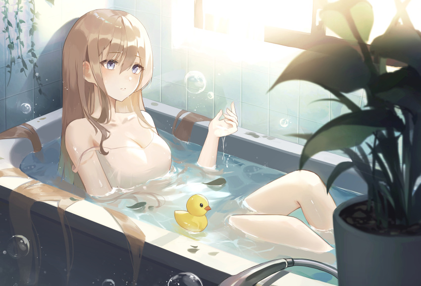 bath bathtub brown_hair bubbles kyo_(maae00) long_hair original rubber_duck water