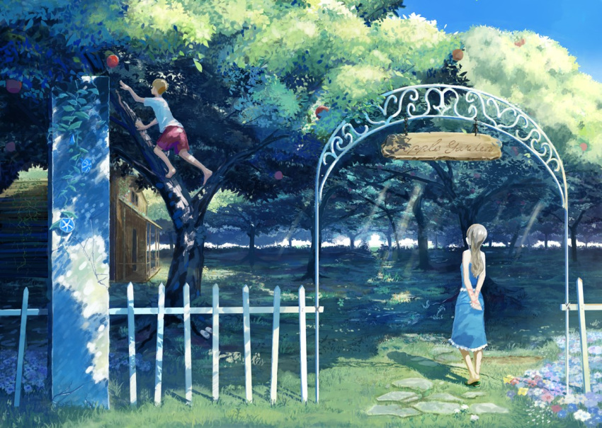 1boy 1girl apple apple_tree arms_behind_back barefoot blue_sky brown_hair climbing climbing_tree dress fence flower food frills fruit house ivy long_hair original outdoors picket_fence scenery shade shadow shirt shorts sign sky stone sundress sunlight t-shirt tannneto tree wooden_fence