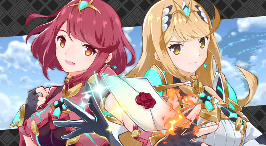 2girls blonde_hair breasts headpiece multiple_girls mythra_(xenoblade) pyra_(xenoblade) red_eyes red_hair smash_invitation super_smash_bros. tiara xenoblade_chronicles_(series) xenoblade_chronicles_2 yellow_eyes yuni_(unitary_580)