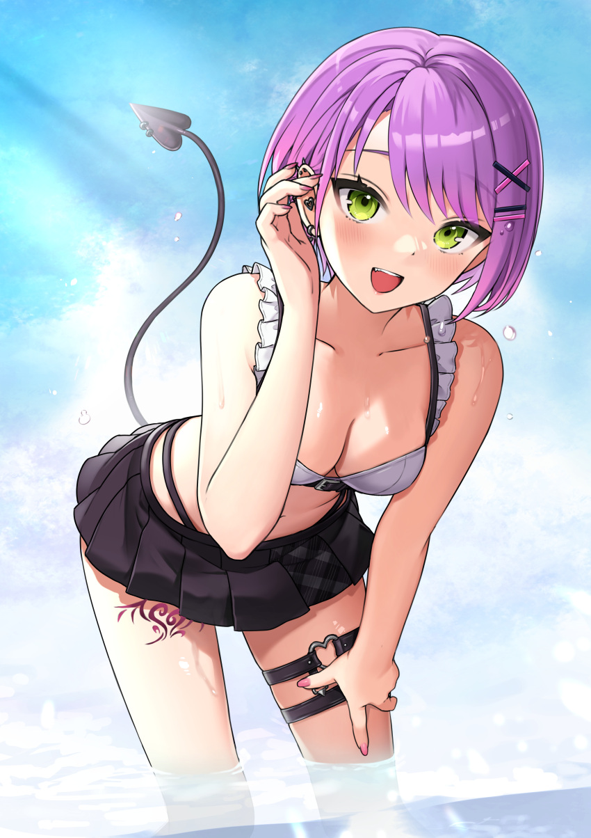 1girl :d absurdres bangs bare_arms bare_shoulders bent_over bikini black_skirt blue_sky breasts cleavage crop_top day demon_girl demon_tail ear_piercing eyebrows_visible_through_hair green_eyes hair_ornament hairclip hand_on_own_thigh highres hololive leaning_forward leg_tattoo looking_at_viewer medium_breasts miniskirt nail_polish navel open_mouth outdoors piercing pink_nails pleated_skirt purple_hair short_hair skirt sky smile solo standing swimsuit tail tail_ornament tail_piercing tail_raised tate_yukimi tattoo thigh_strap thighs tokoyami_towa virtual_youtuber wading water wet white_bikini x_hair_ornament