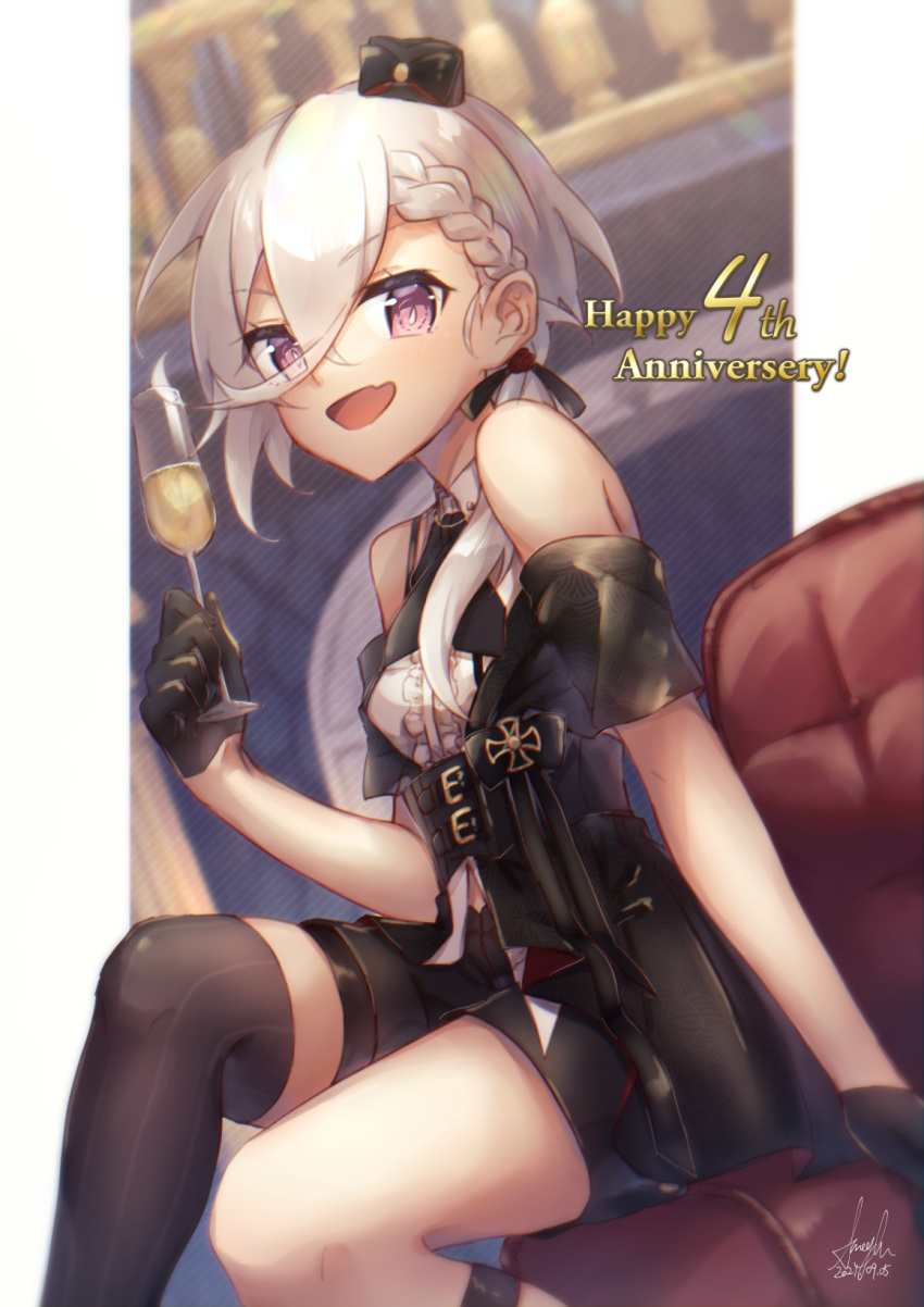 1girl :d anniversary arm_support azur_lane bangs bare_shoulders black_coat black_gloves black_headwear black_legwear black_neckwear black_ribbon black_shorts braid center_frills coat collared_shirt commentary_request couch cowboy_shot cup drinking_glass eyebrows_visible_through_hair fang french_braid frills gloves hair_between_eyes hair_over_shoulder hair_ribbon half_gloves hat highres holding holding_cup indoors iron_cross long_hair looking_at_viewer low_ponytail mini_hat off_shoulder open_mouth purple_eyes ribbon satsuki_meguru shirt short_shorts shorts sidelocks signature silver_hair single_thighhigh sitting skin_fang sleeveless sleeveless_shirt smile solo thigh_strap thighhighs white_shirt wine_glass z1_leberecht_maass_(azur_lane)
