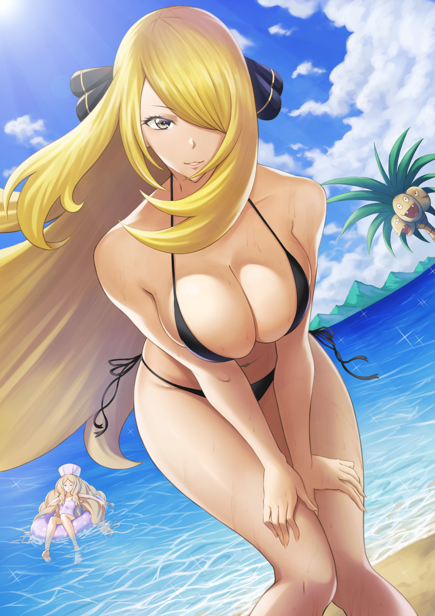 2girls absurdres alolan_exeggutor alolan_form beach bent_over bikini black_bikini blonde_hair blue_sky breasts caitlin_(pokemon) cleavage cloud cynthia_(pokemon) day floating_hair gen_7_pokemon grey_eyes hair_ornament hair_over_one_eye hands_on_own_knees highres huge_filesize innertube large_breasts long_hair looking_at_viewer mihiro_(mitumitu3232ish) multiple_girls navel ocean parted_lips pokemon pokemon_(game) pokemon_bw pokemon_dppt sand side-tie_bikini sky solo_focus swimsuit very_long_hair water