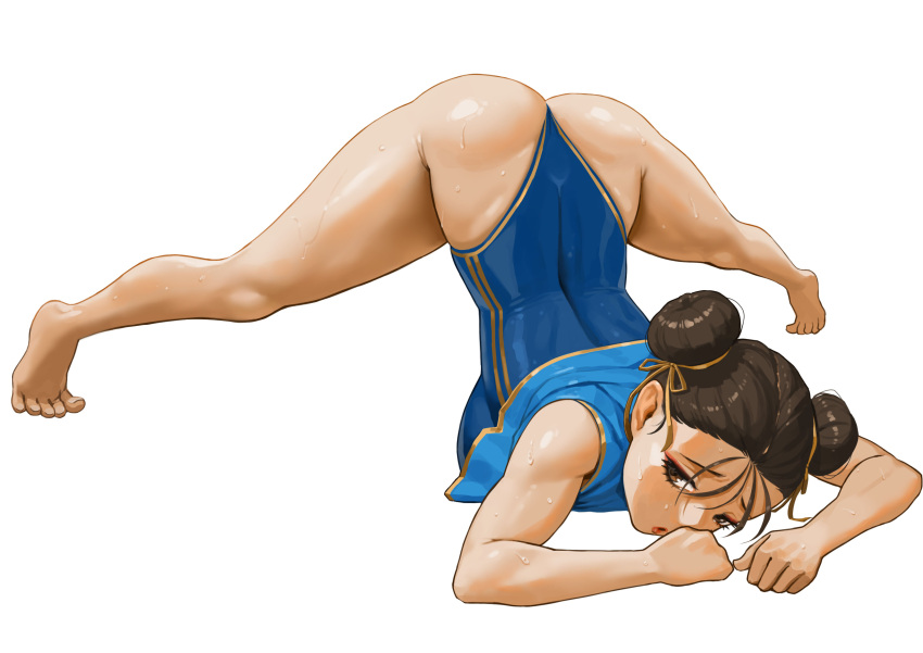 1girl :o absurdres arched_back arm_rest ass barefoot blue_leotard blue_shirt breasts brown_eyes brown_hair chinese_clothes chun-li crop_top double_bun full_body hair_ribbon hands_on_ground highres jack-o'_challenge large_breasts legs leotard meme moonlit pose ribbon shirt short_hair simple_background solo spread_legs street_fighter thong_leotard tiptoes top-down_bottom-up white_background wide_spread_legs yellow_ribbon