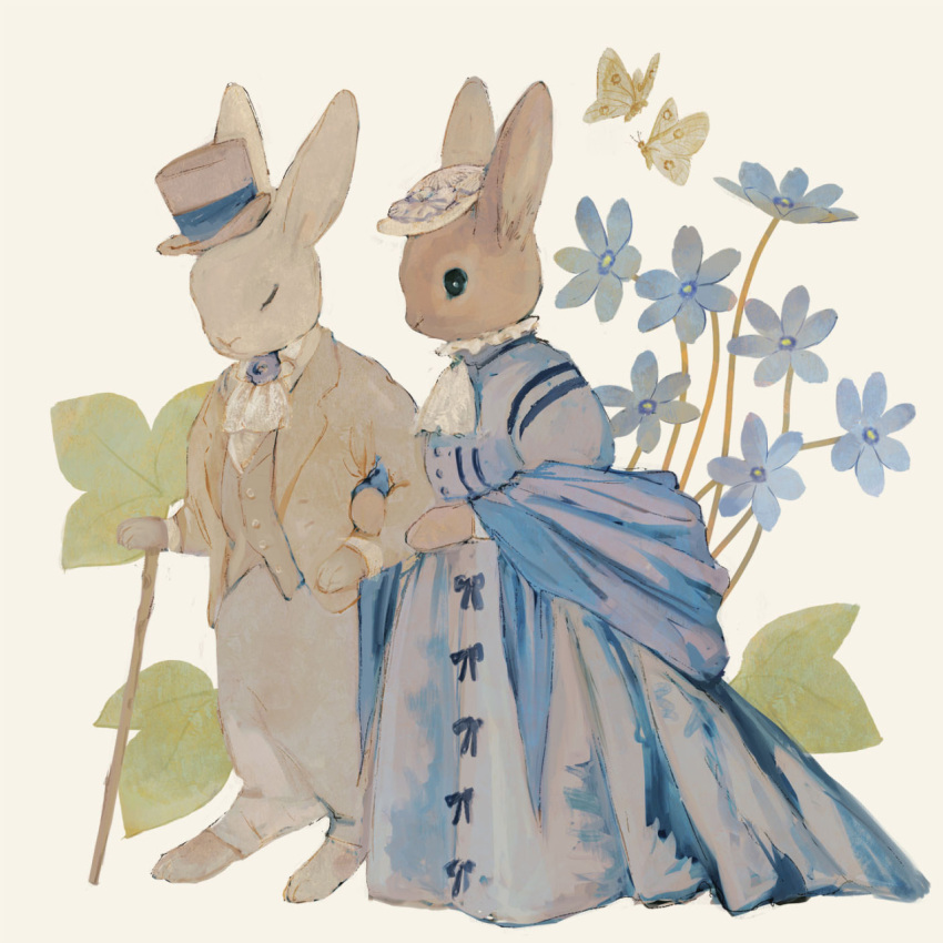 animal animal_focus black_eyes blue_dress blue_flower bow bug bunny butterfly cane closed_eyes coat dress floral_background flower formal frills full_body hat highres leaf locked_arms no_humans original ribbon shawl simple_background standing suit suit_jacket tono_(rt0no) top_hat walking_stick