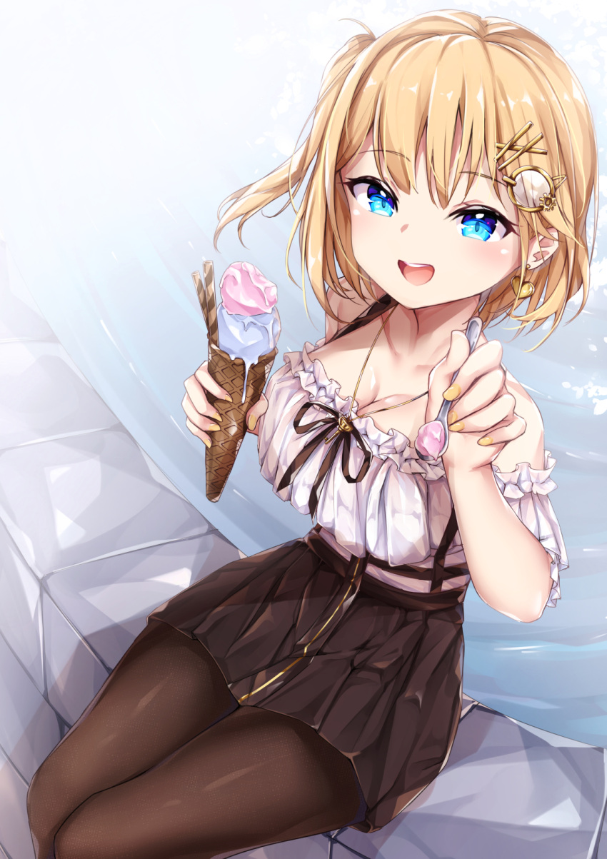 1girl bare_shoulders black_legwear black_skirt blonde_hair blue_eyes breasts cleavage collarbone detached_sleeves earrings eyebrows_visible_through_hair feeding food frilled_shirt frilled_sleeves frills gradient gradient_legwear hair_between_eyes hair_ornament hairclip heart heart_earrings highres hololive hololive_english ice ice_cream_cone ice_wings jewelry key looking_at_viewer medium_hair monocle multicolored multicolored_eyes multicolored_hair nail_polish necklace open_mouth pantyhose purple_eyes ribbon shirt sitting skirt solo spoon streaked_hair umou_(may65879) upper_teeth virtual_youtuber water watson_amelia wings yellow_nails