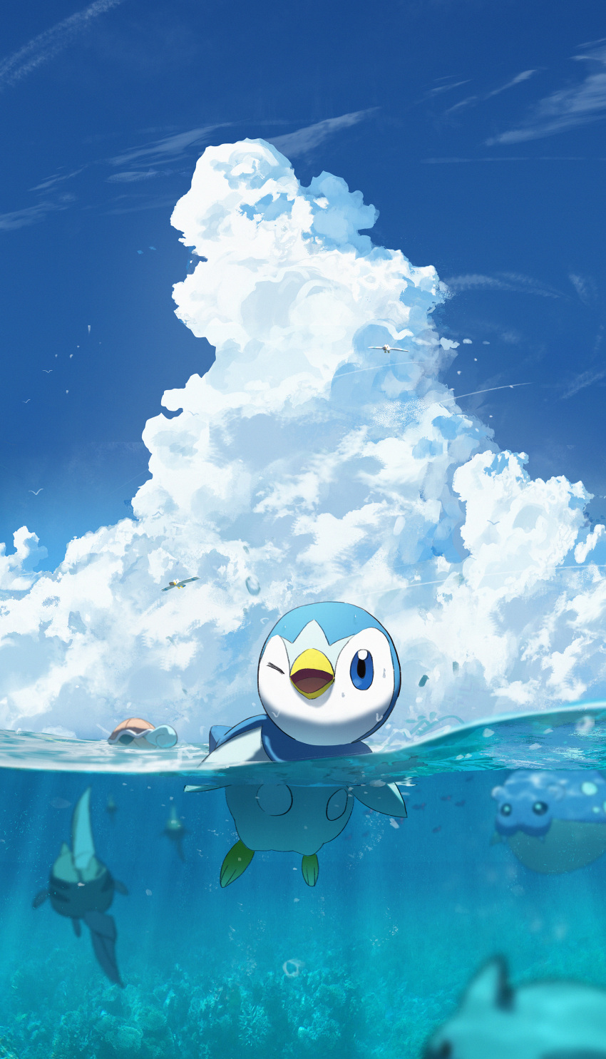 absurdres asteroid_ill bird blue_sky cloud commentary_request day fangs fish gen_1_pokemon gen_2_pokemon gen_3_pokemon gen_4_pokemon highres huge_filesize no_humans ocean open_mouth outdoors piplup pokemon pokemon_(creature) remoraid sky spheal squirtle swimming underwater water wingull