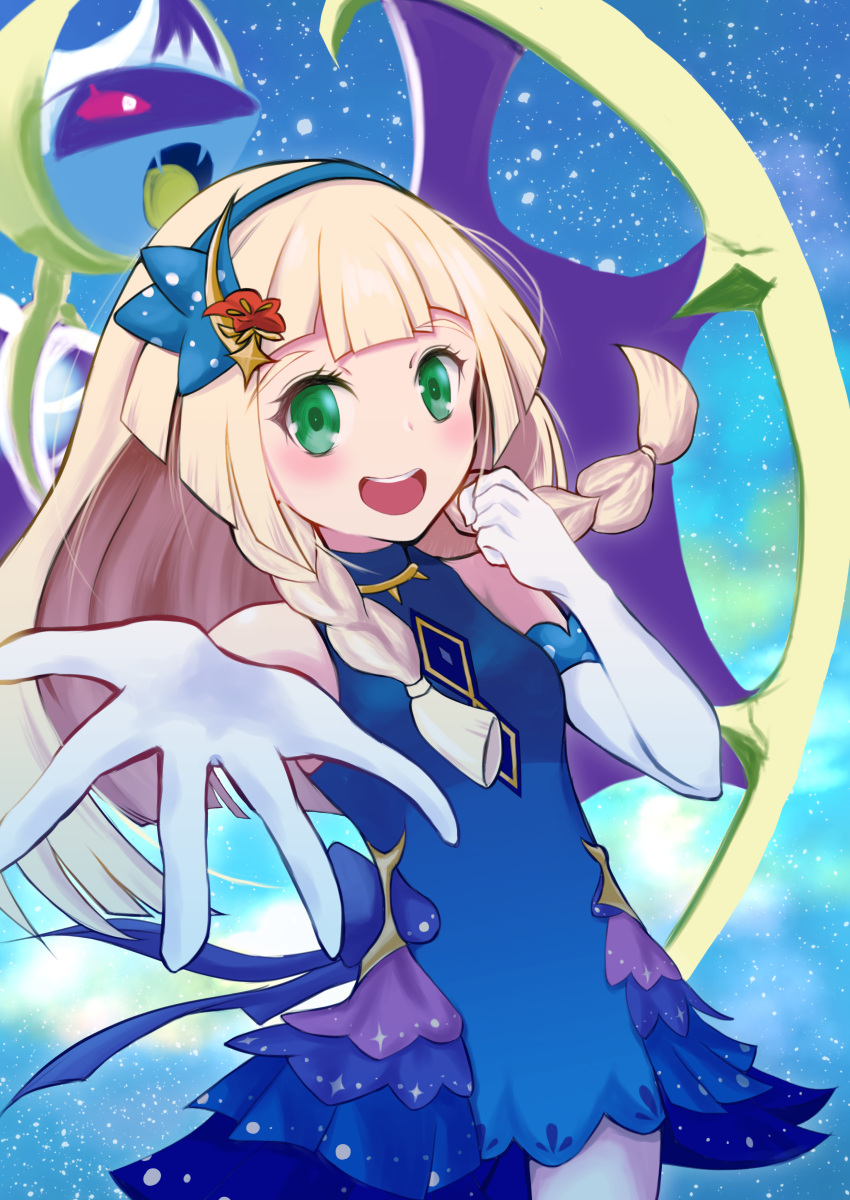 absurdres bangs blonde_hair blue_dress blunt_bangs braid dress elbow_gloves gen_7_pokemon gloves green_eyes highres legendary_pokemon lillie_(pokemon) long_hair lunala mikeneko_(nicohatealpha) pokemon pokemon_(game) pokemon_masters_ex twin_braids white_gloves