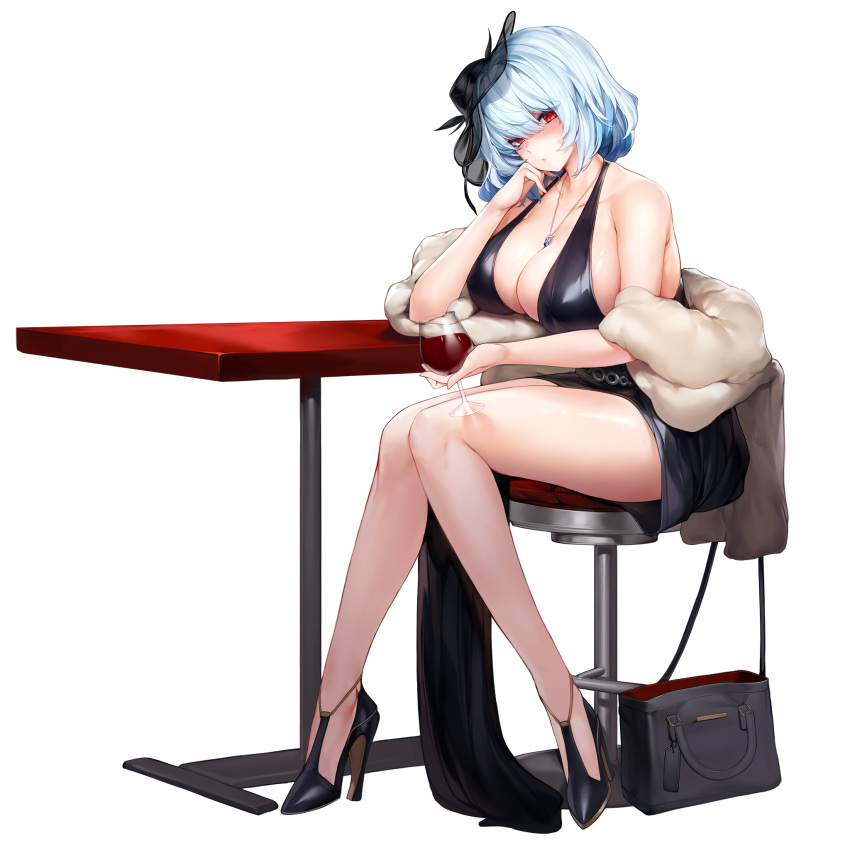 1girl bag bangs black_dress breasts cleavage cup dress drinking_glass full_body hair_between_eyes handbag hat high_heels highres jewelry large_breasts last_origin light_blue_hair looking_at_viewer necklace official_art red_eyes short_hair sitting snowball22 solo tachi-e titania_frost transparent_background wine_glass